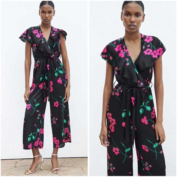 Zara Satin Floral Jumpsuit New - Picture 1 of 9